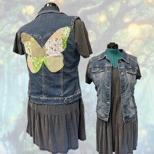 Upcycled Denim Vest with Patchwork Butterfly – Riders by Lee, Size M